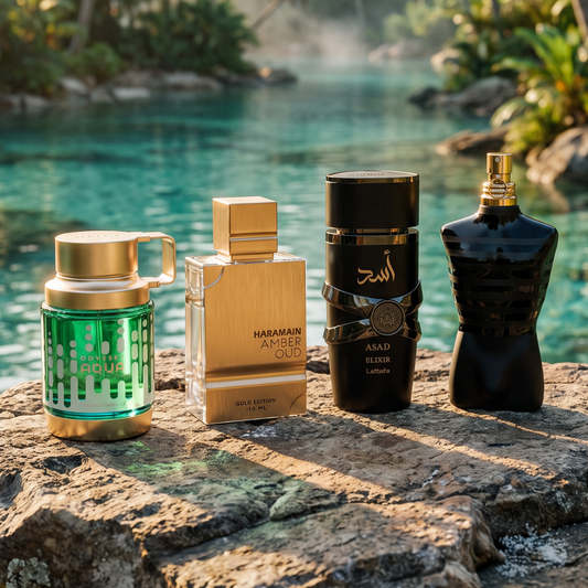 HARAMAIN GOLD EDITION EN BAUL, JPG LE MALE LE PAERFUM EN LATA, ASAD ELIXIR, ODYSSEY AOUD